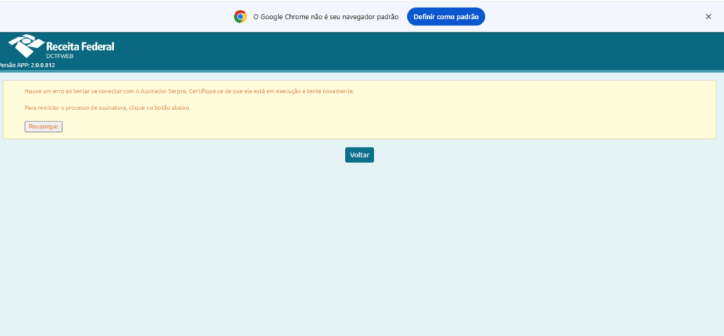Mensagem de erro do assinador serpro no site da receita federal.