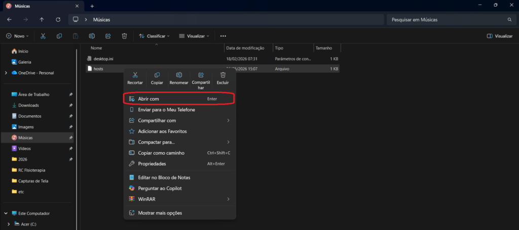 Menu do mouse clicando em cima de um arquivo