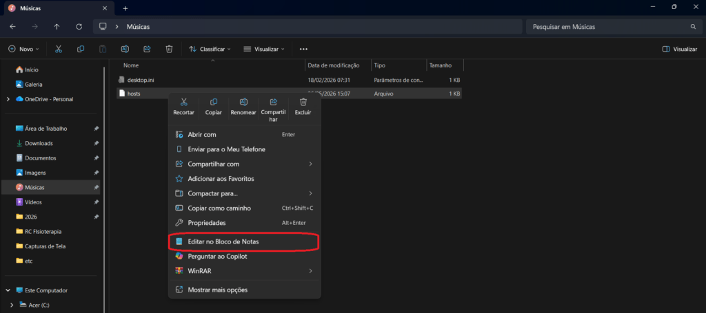 Menu do mouse clicando em cima de um arquivo