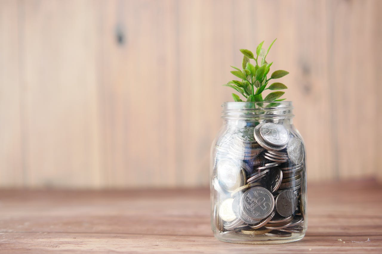 Um pote cheio de moedas e uma planta simboliza crescimento em poupança e investimento.