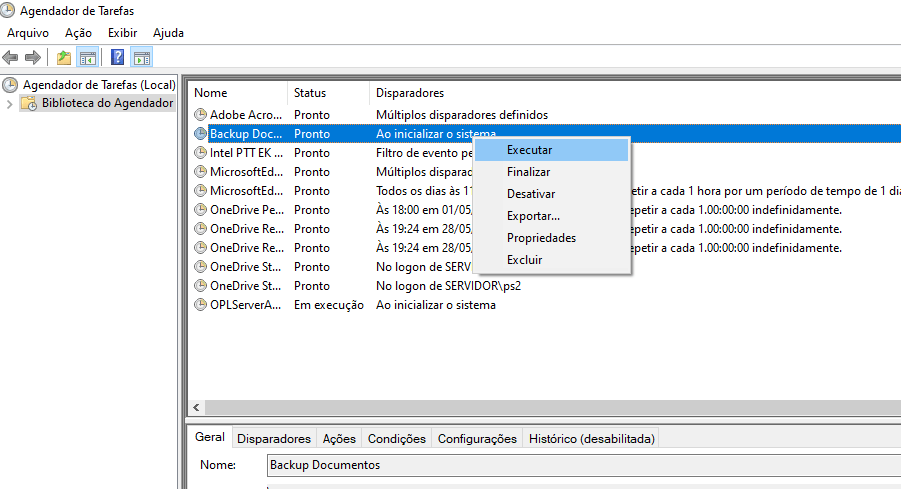 Tela do agendador de tarefas do windows.