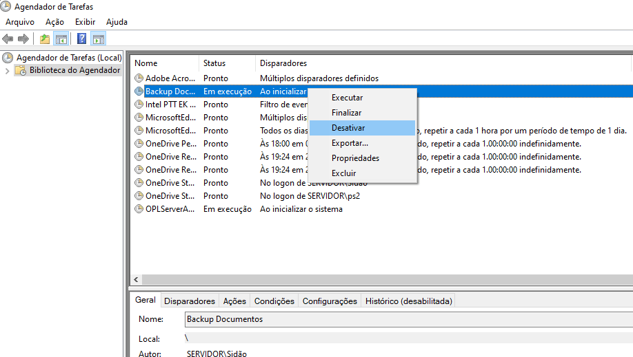 Tela do agendador de tarefas do windows.