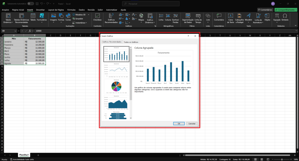Planilha do excel criando gráficos.