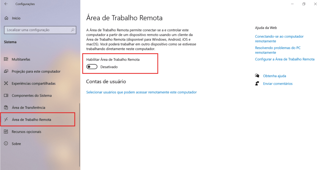 Menu para ativa a area de trabalho remota