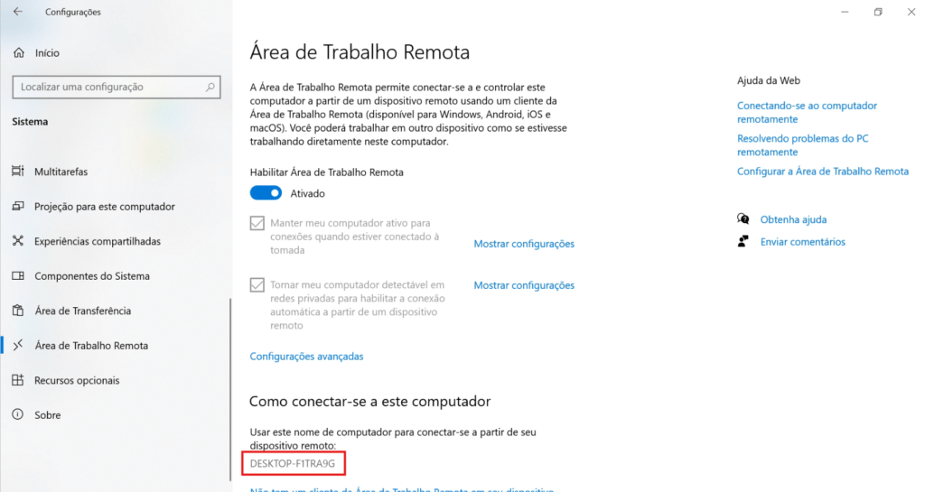 Menu para ativa a area de trabalho remota