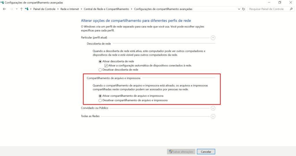Configurações de compartilhamento do windows