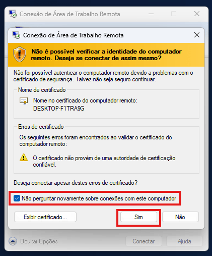 Tela de aviso de certificado do windows