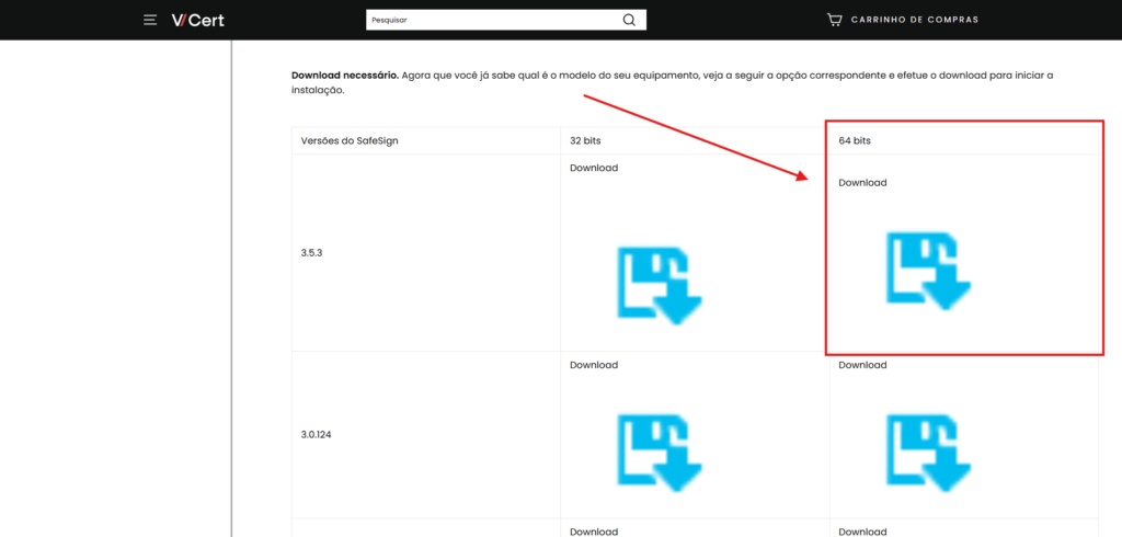 Tela de download do SafeSign