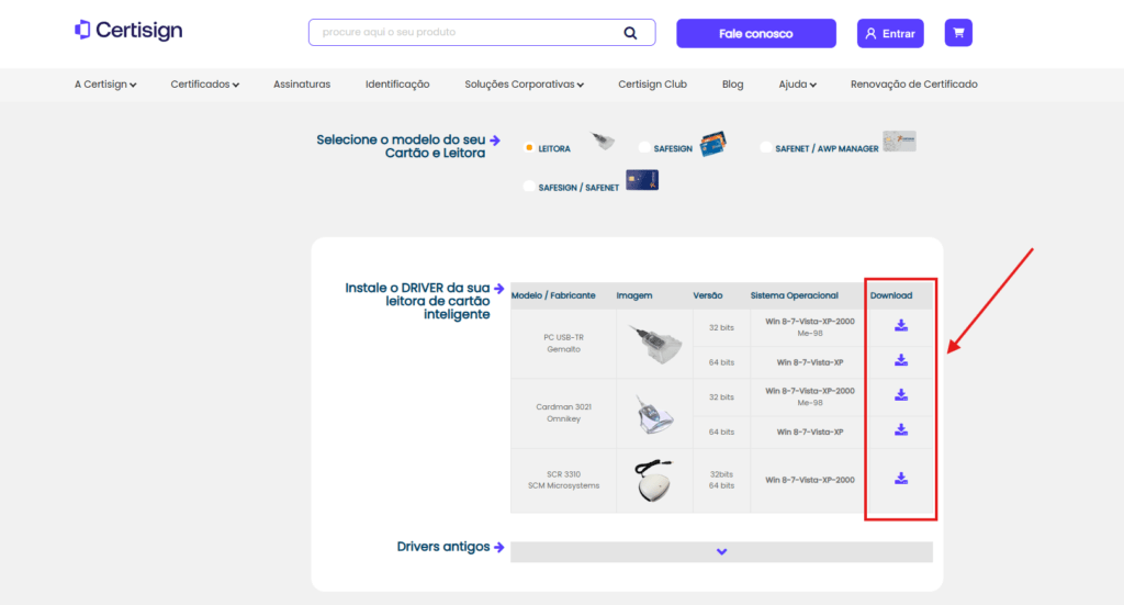 Tela de download de drivers de leitoras de cartão A3