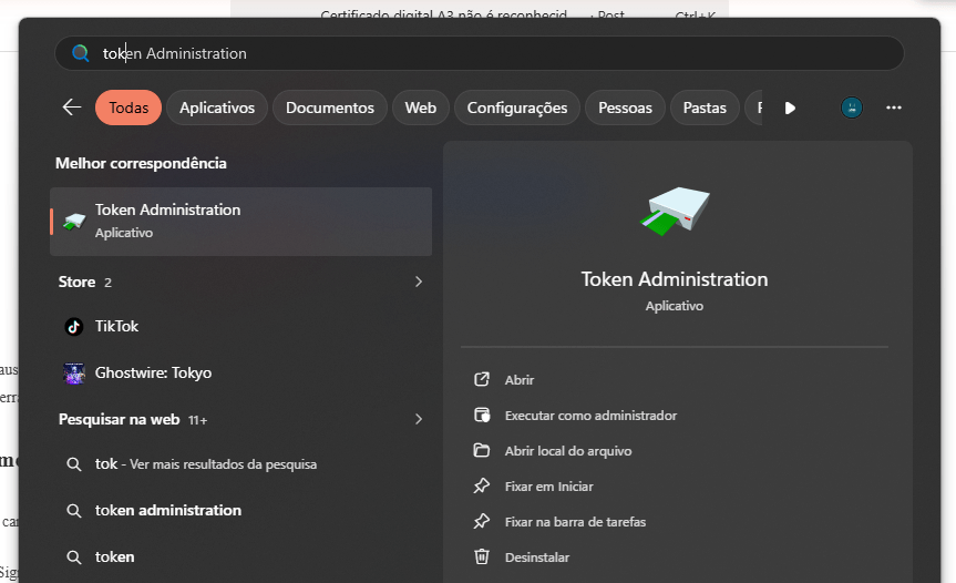Pesquisa pela palavra "Token" no menu Iniciar do Windows