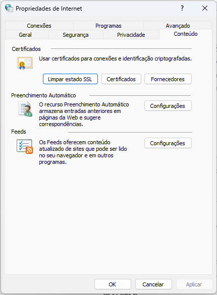 Tela de configuração de propriedades de internet do windows