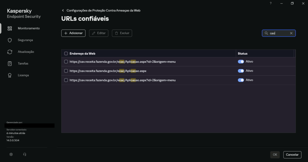 Tela de configuração de URLs confiáveis do Kaspersky