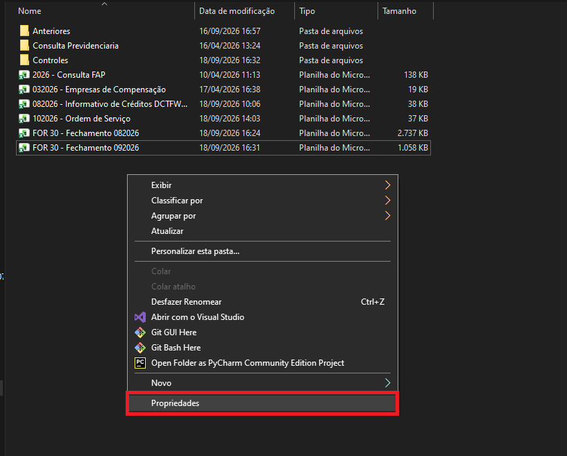Menu de contexto do windows.
