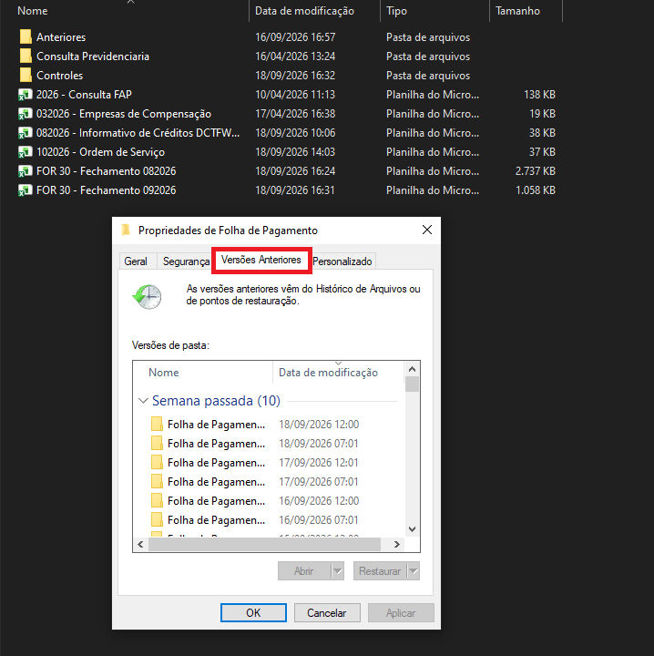 Aba de versões anteriores (Shadow Copy)