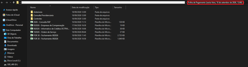 Versão anterior da pasta selecionada.